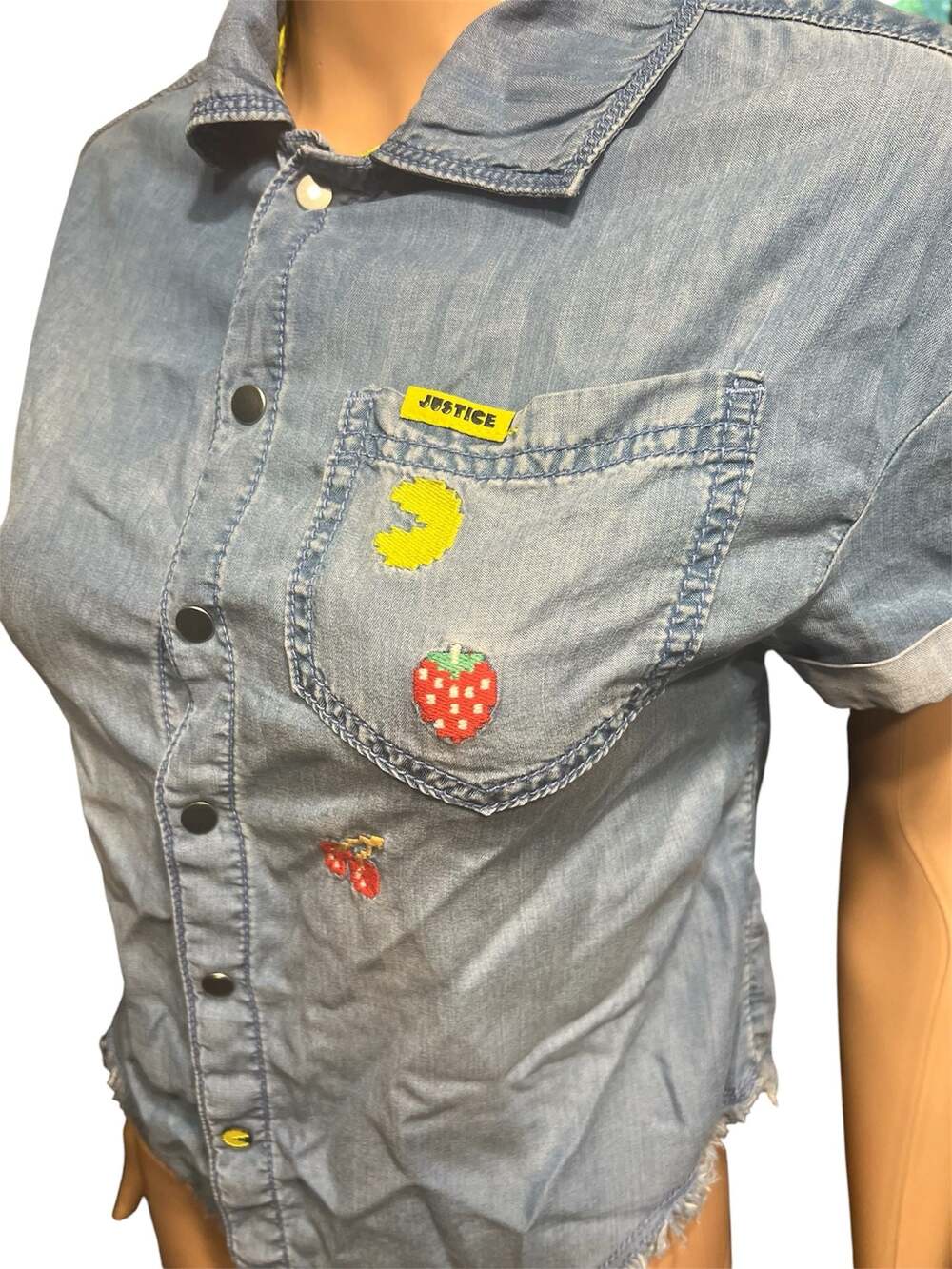 Justice x Pac-Man Collaboration Embroidered Denim Short Sleeve Button Down Shirt